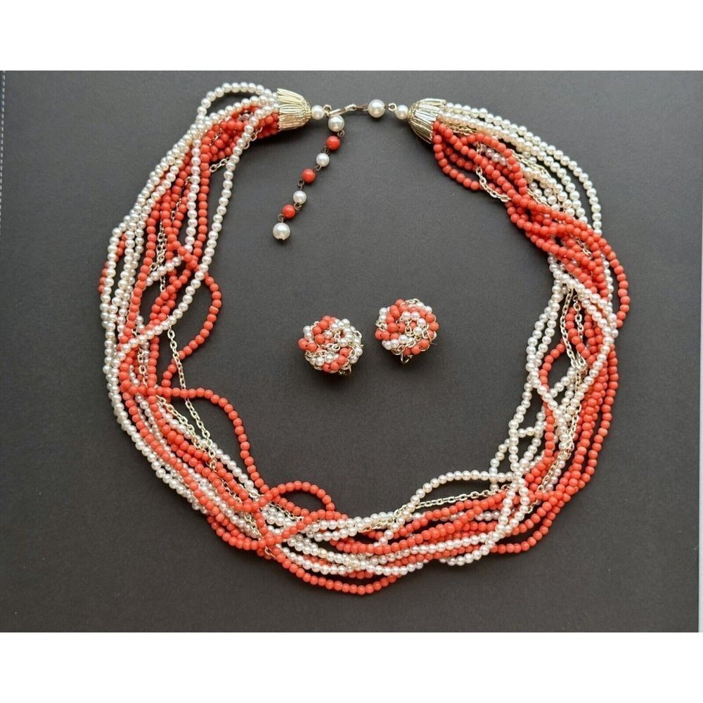 Vintage Japan bead Jewelry set - Multi Strand  necklace & clip on earrings